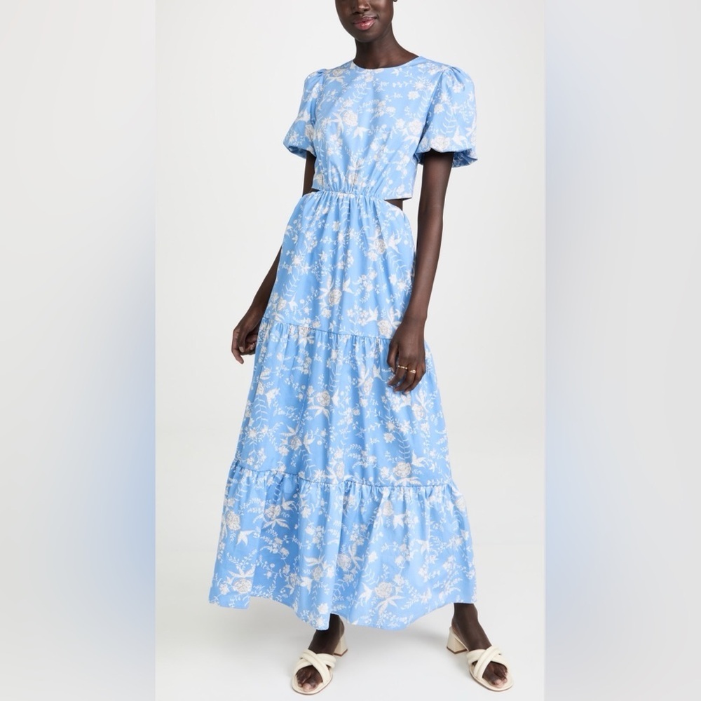 Wayf Plaza Cut-Out Blue Floral Maxi Puffer Sleeve Sun Dress